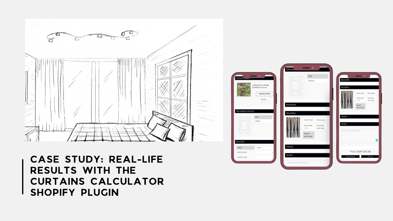 A screenshot of the Curtains Calculator Shopify plugin interface, displaying a pricing and measurement tool for curtains and blinds.