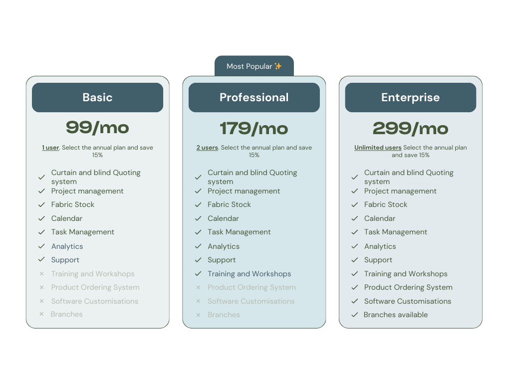 Interio app curtain window blind software pricing plans