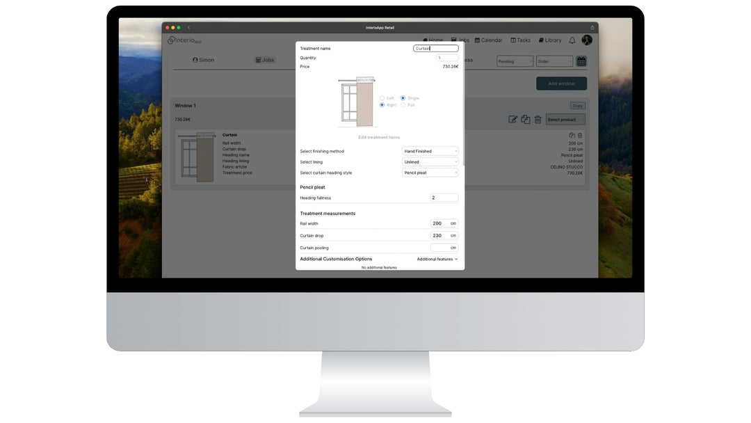This is a desktop with the InterioApp Calculator, where we display how we are calculating curtain order. App in action