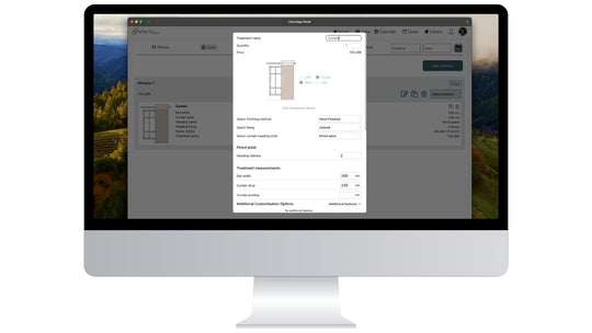 This is a desktop with the InterioApp Calculator, where we display how we are calculating curtain order. App in action