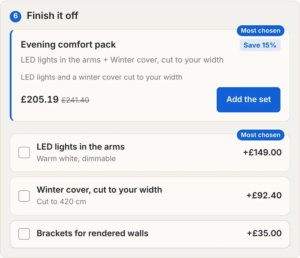 Inchy add-on step: Evening comfort pack with LED lights and a winter cover cut to 420 cm, save 15%