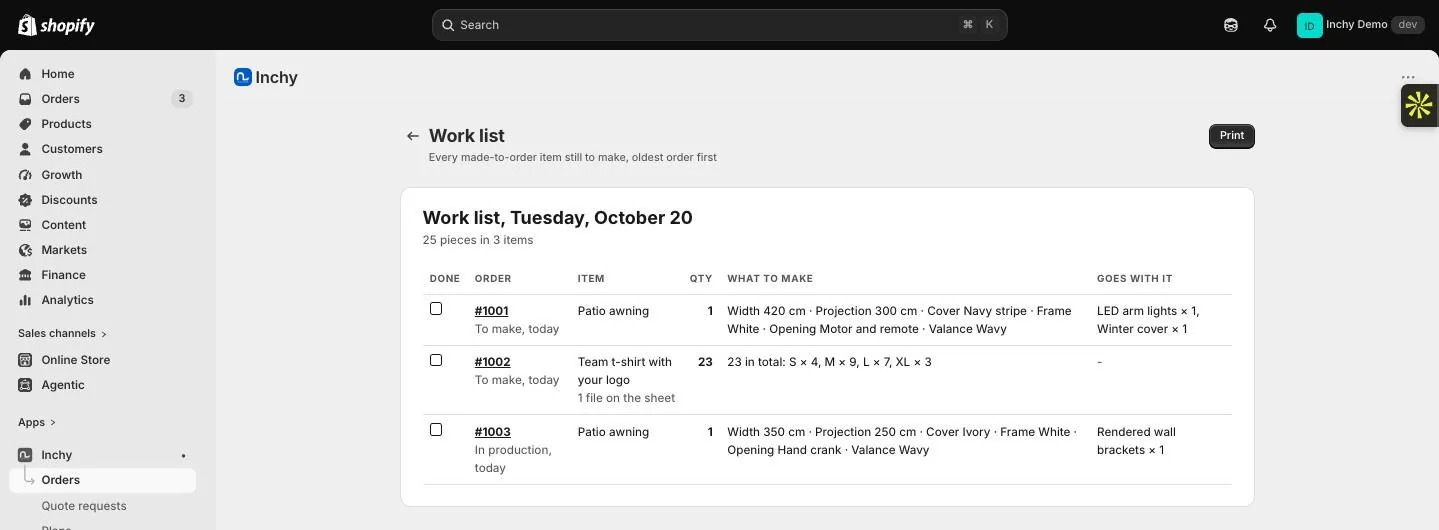 Inchy daily work list printed from Shopify: every piece still to make across open orders