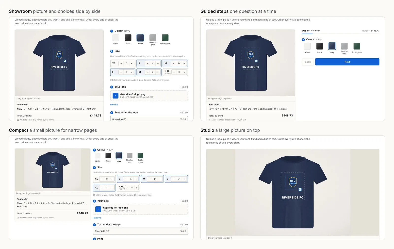 The same Inchy t-shirt builder in four looks: showroom, guided steps, compact and studio